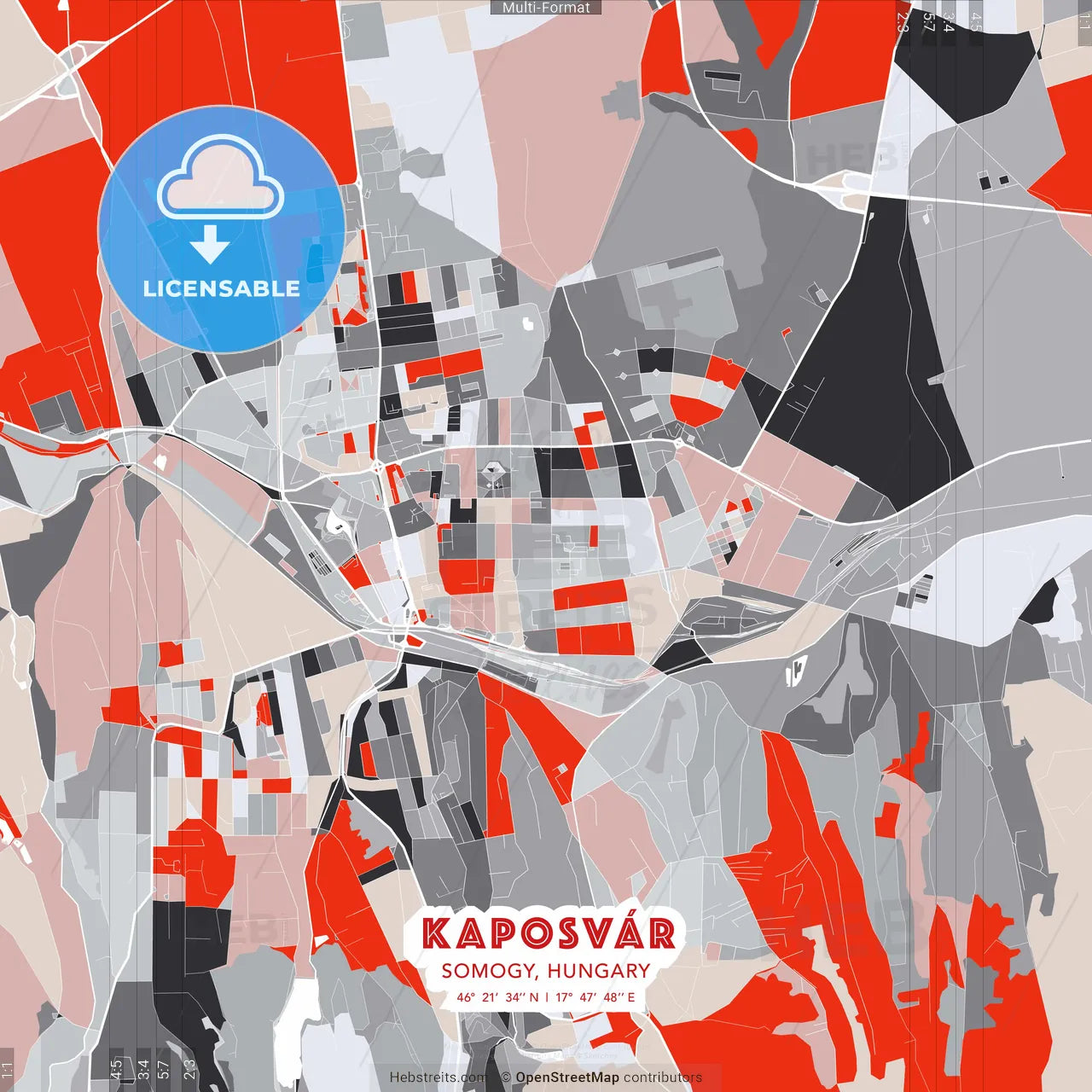 Kaposvár, Somogy, Hungary - modern street map poster template with gray and red tones