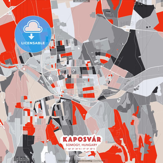 Kaposvár, Somogy, Hungary - modern street map poster template with gray and red tones