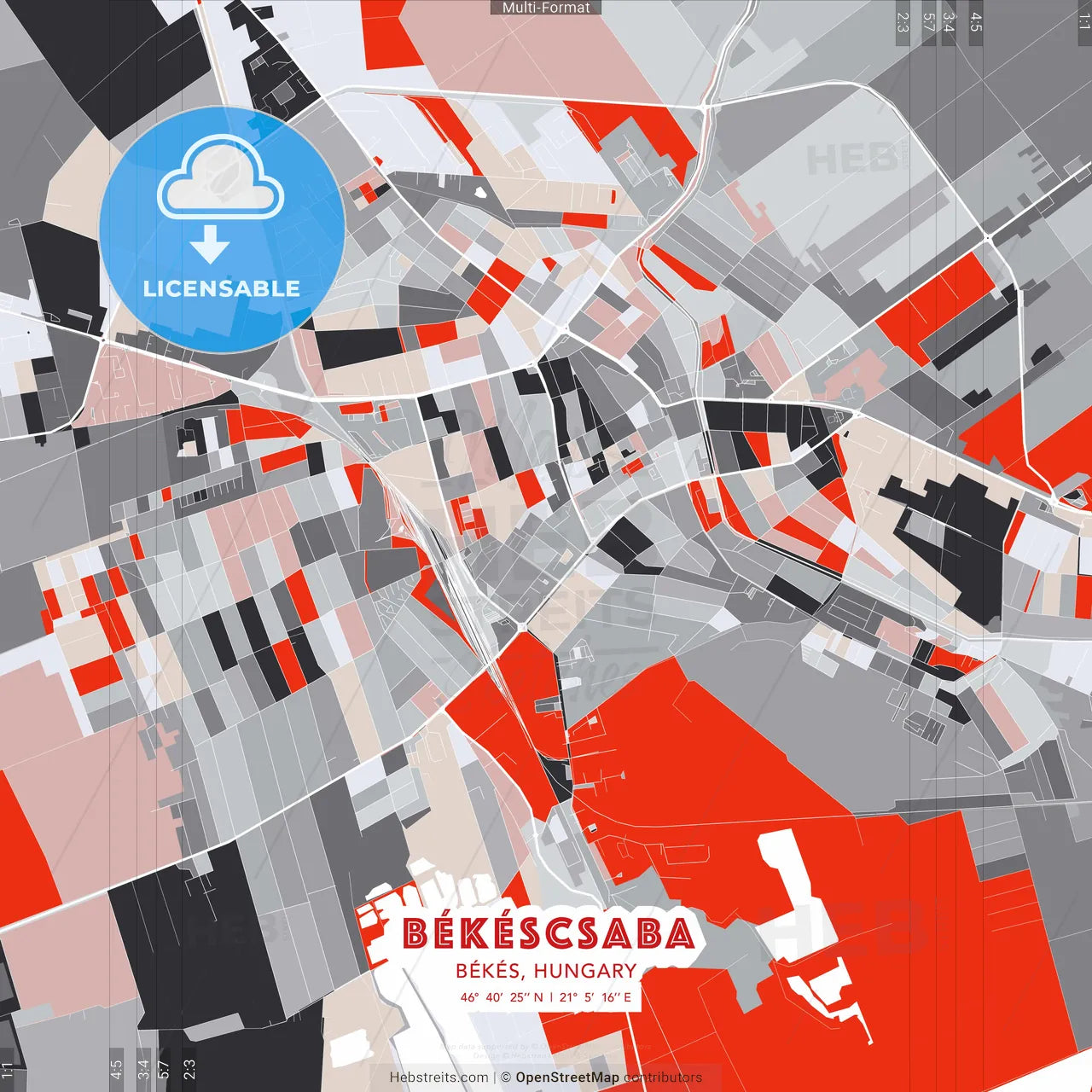 Békéscsaba, Békés, Hungary - modern street map poster template with gray and red tones