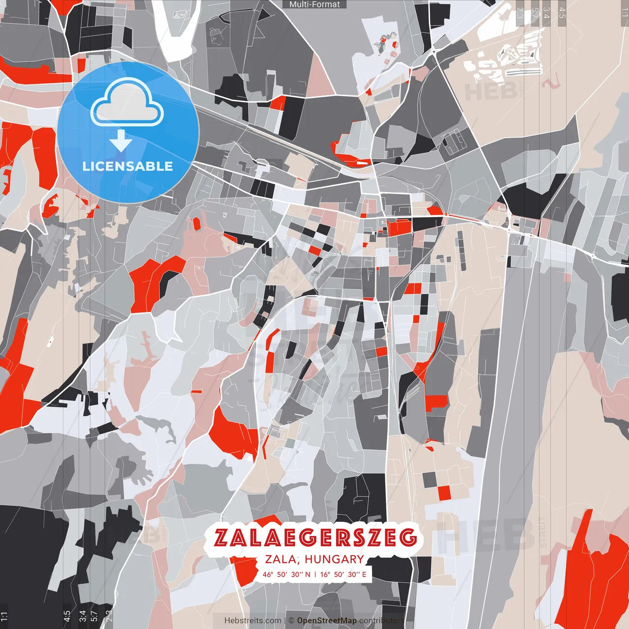 Zalaegerszeg, Zala, Hungary - modern street map poster template with gray and red tones