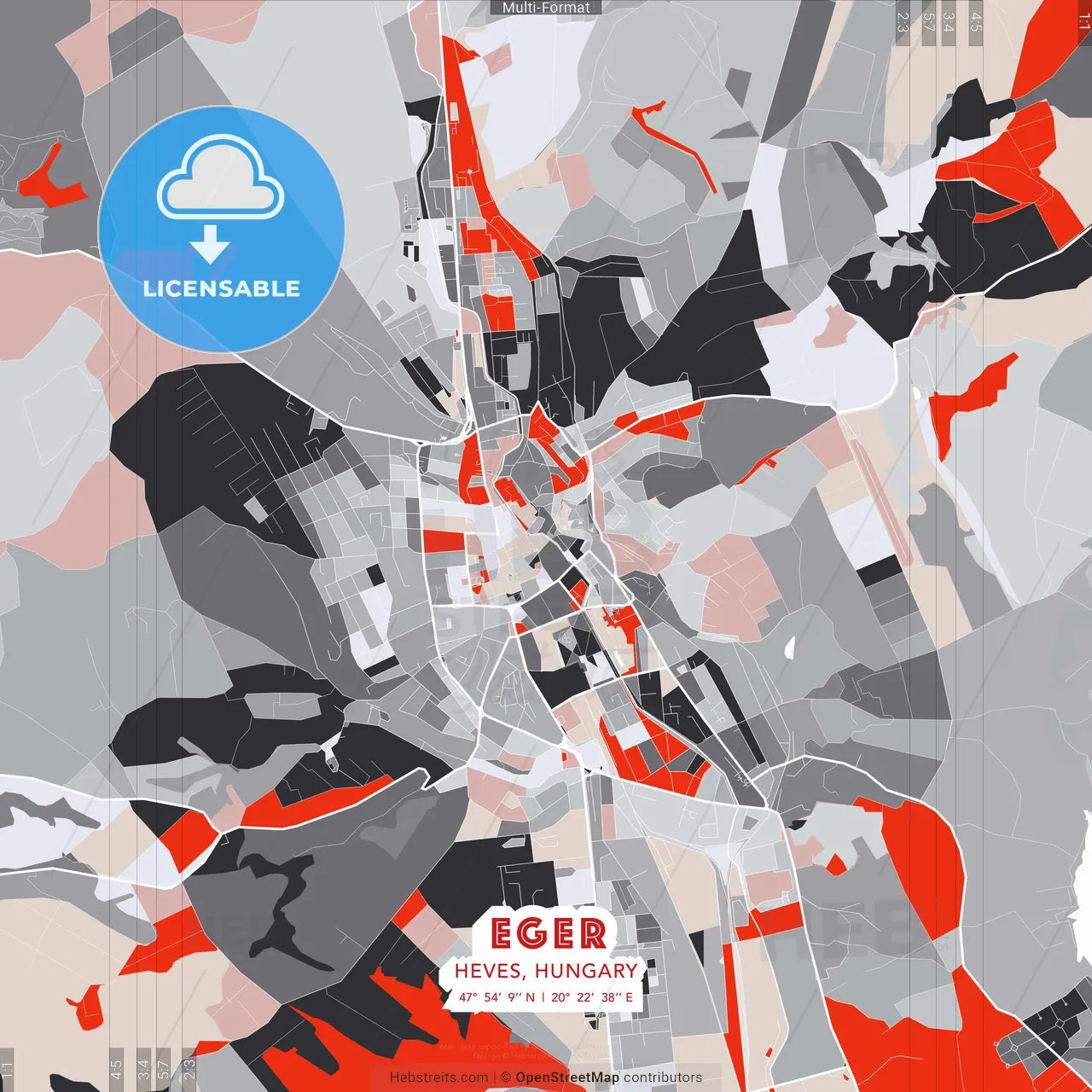 Eger, Heves, Hungary - modern street map poster template with gray and red tones