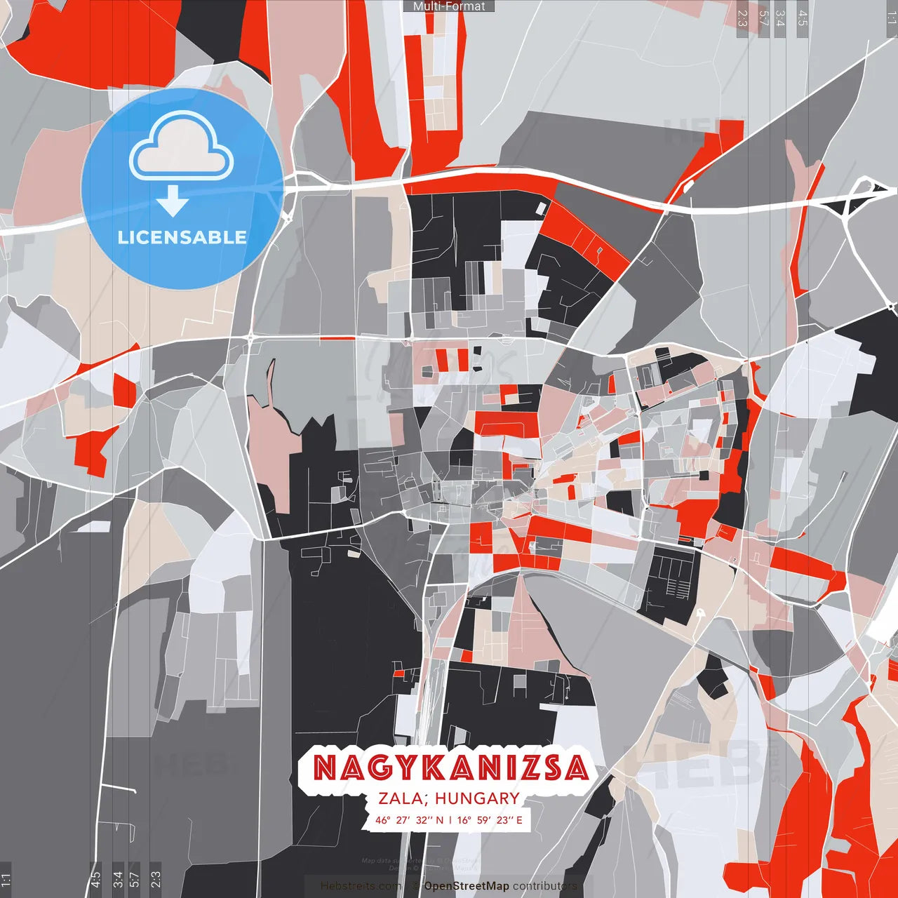 Nagykanizsa, Zala, Hungary - modern street map poster template with gray and red tones