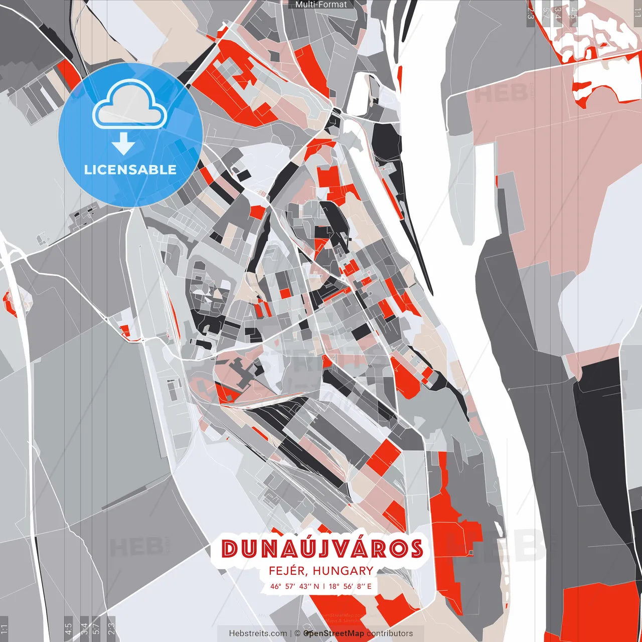 Dunaújváros, Fejér, Hungary - modern street map poster template with gray and red tones
