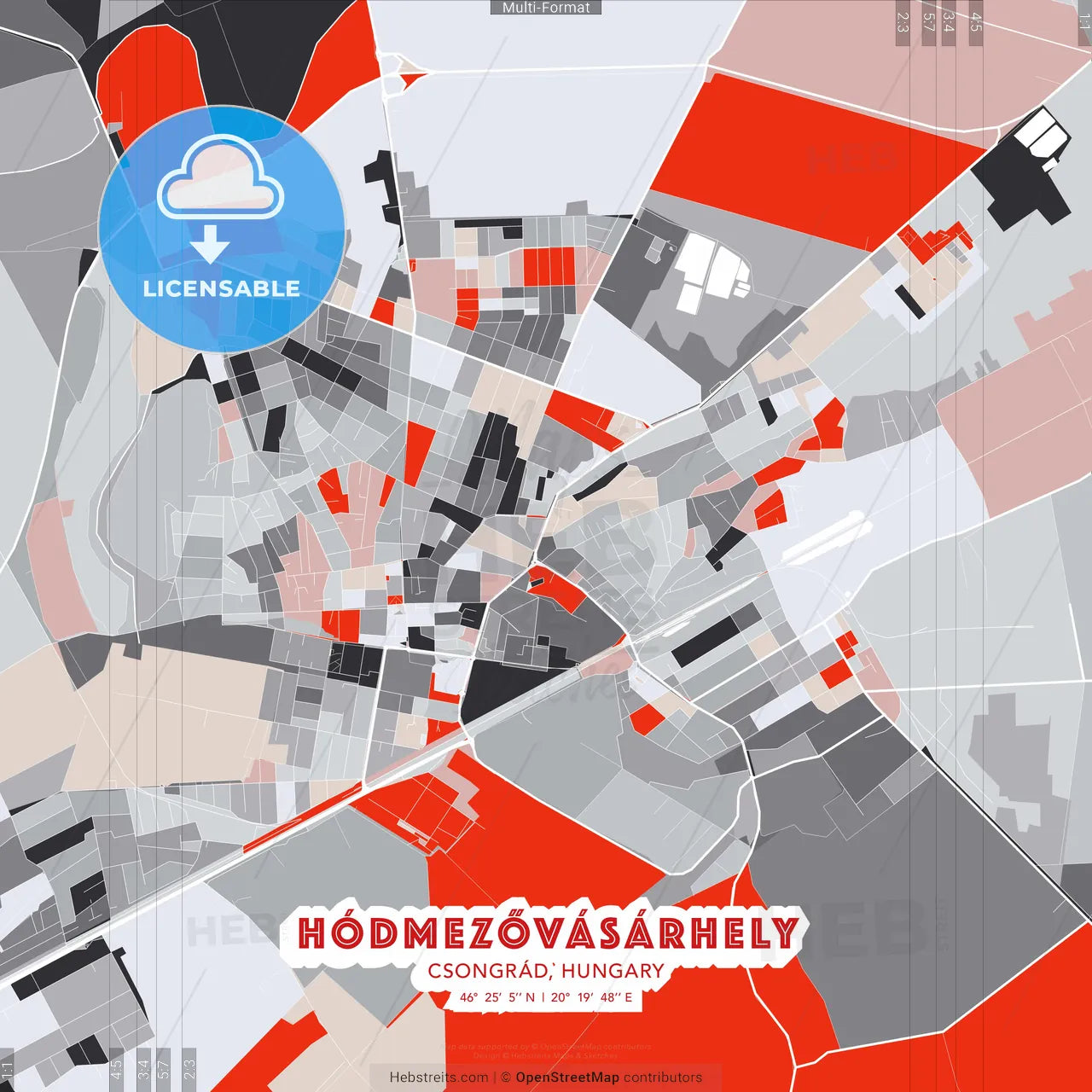 Hódmezővásárhely, Csongrád, Hungary - modern street map poster template with gray and red tones