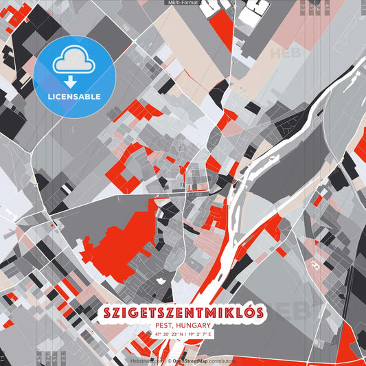 Szigetszentmiklós, Pest, Hungary - modern street map poster template with gray and red tones