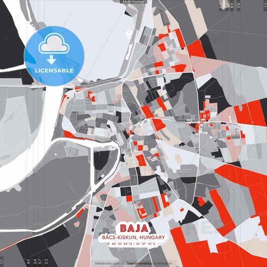 Baja, Bács-Kiskun, Hungary - modern street map poster template with gray and red tones