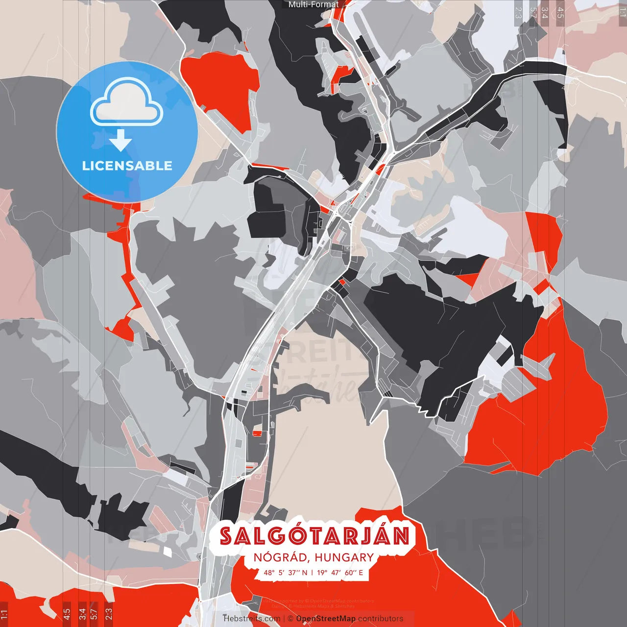 Salgótarján, Nógrád, Hungary - modern street map poster template with gray and red tones