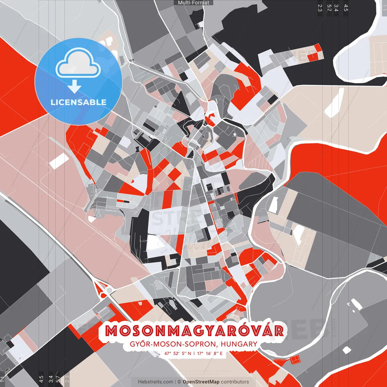 Mosonmagyaróvár, Győr-Moson-Sopron, Hungary - modern street map poster template with gray and red tones