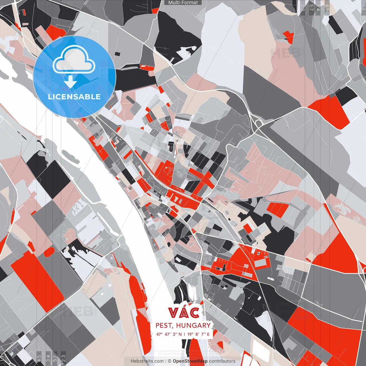 Vác, Pest, Hungary - modern street map poster template with gray and red tones