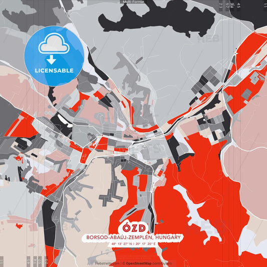 Ózd, Borsod-Abaúj-Zemplén, Hungary - modern street map poster template with gray and red tones