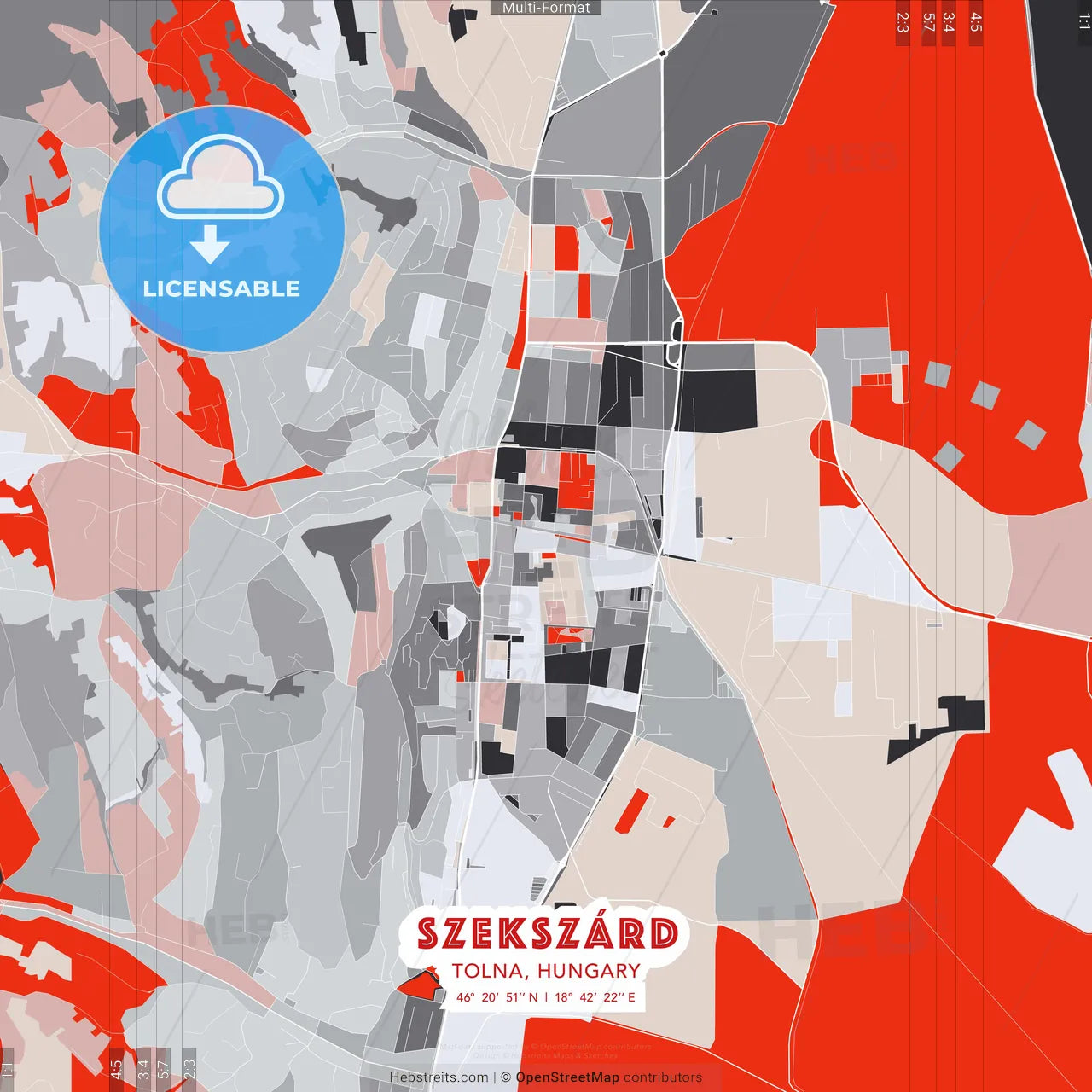 Szekszárd, Tolna, Hungary - modern street map poster template with gray and red tones
