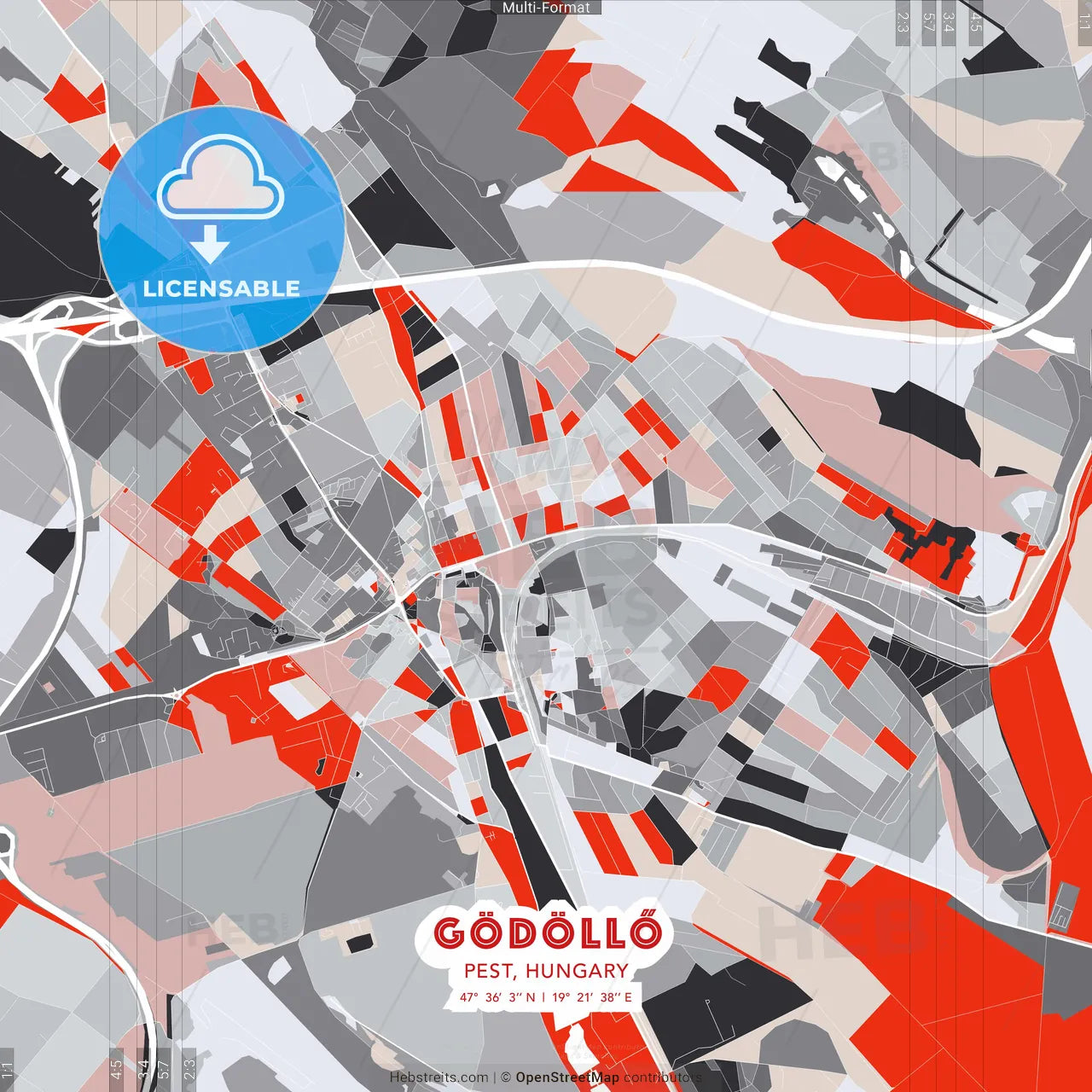 Gödöllő, Pest, Hungary - modern street map poster template with gray and red tones