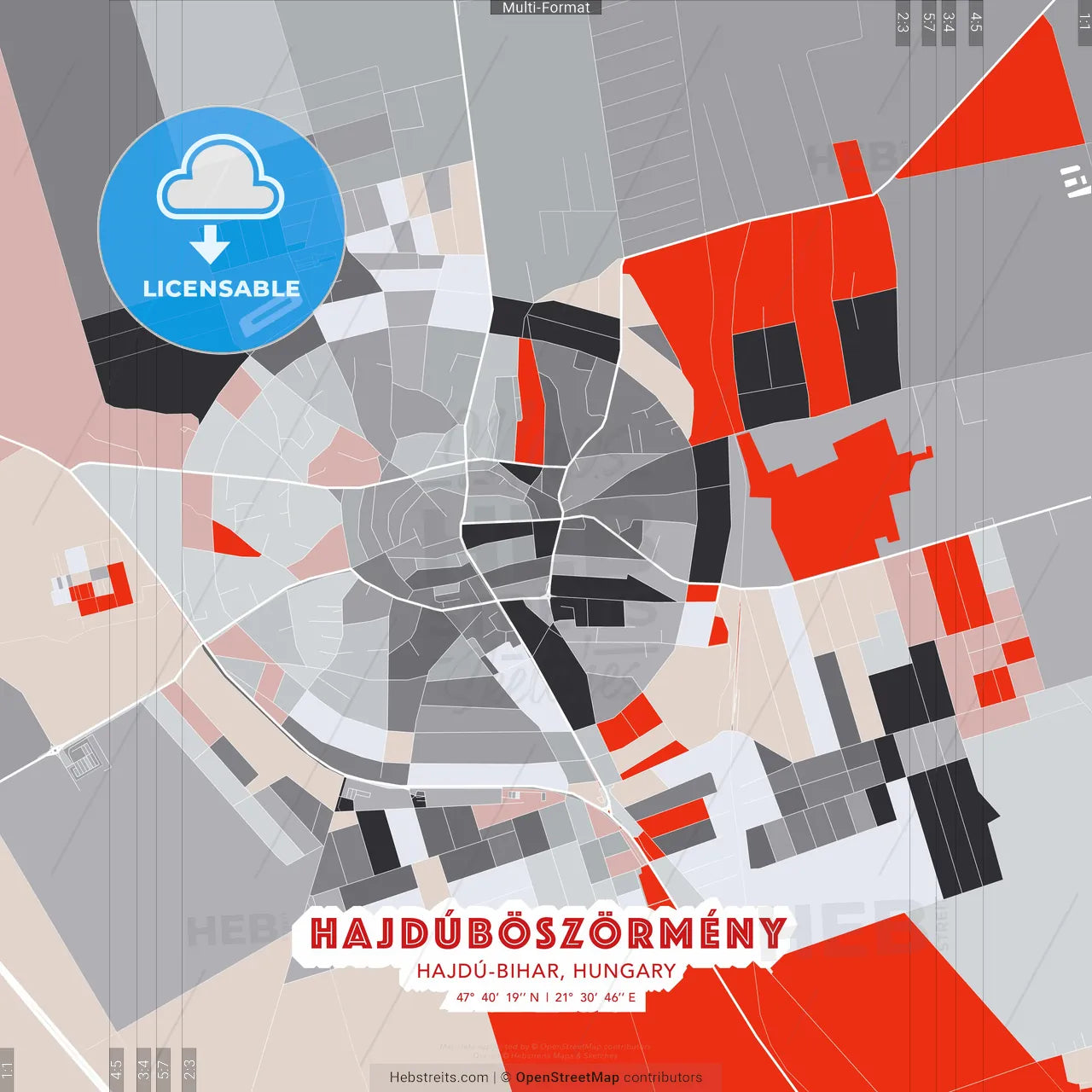 Hajdúböszörmény, Hajdú-Bihar, Hungary - modern street map poster template with gray and red tones