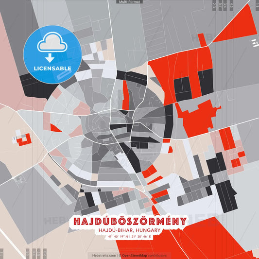 Hajdúböszörmény, Hajdú-Bihar, Hungary - modern street map poster template with gray and red tones