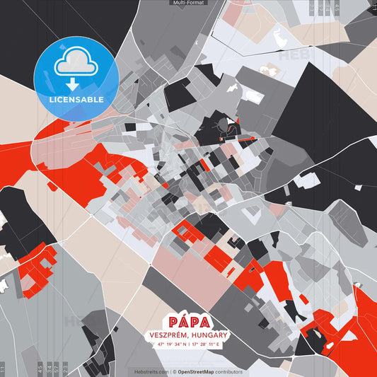 Pápa, Veszprém, Hungary - modern street map poster template with gray and red tones