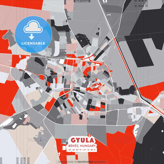 Gyula, Békés, Hungary - modern street map poster template with gray and red tones
