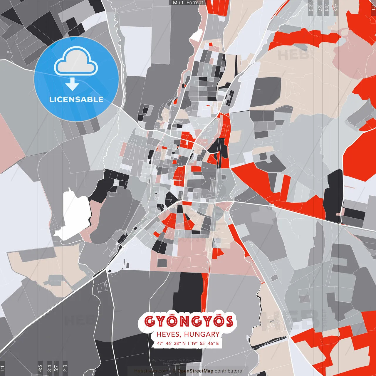 Gyöngyös, Heves, Hungary - modern street map poster template with gray and red tones