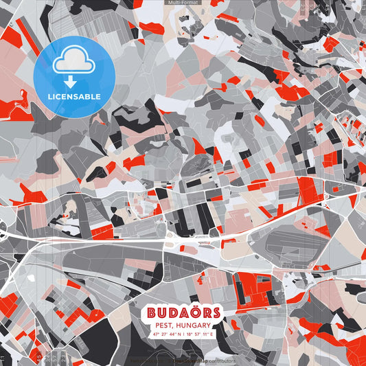 Budaörs, Pest, Hungary - modern street map poster template with gray and red tones