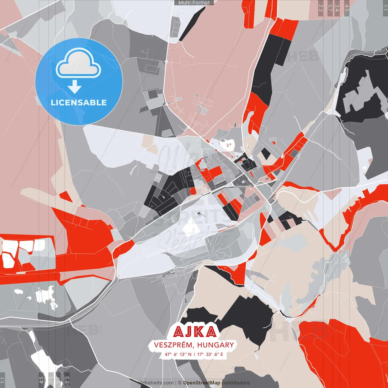 Ajka, Veszprém, Hungary - modern street map poster template with gray and red tones