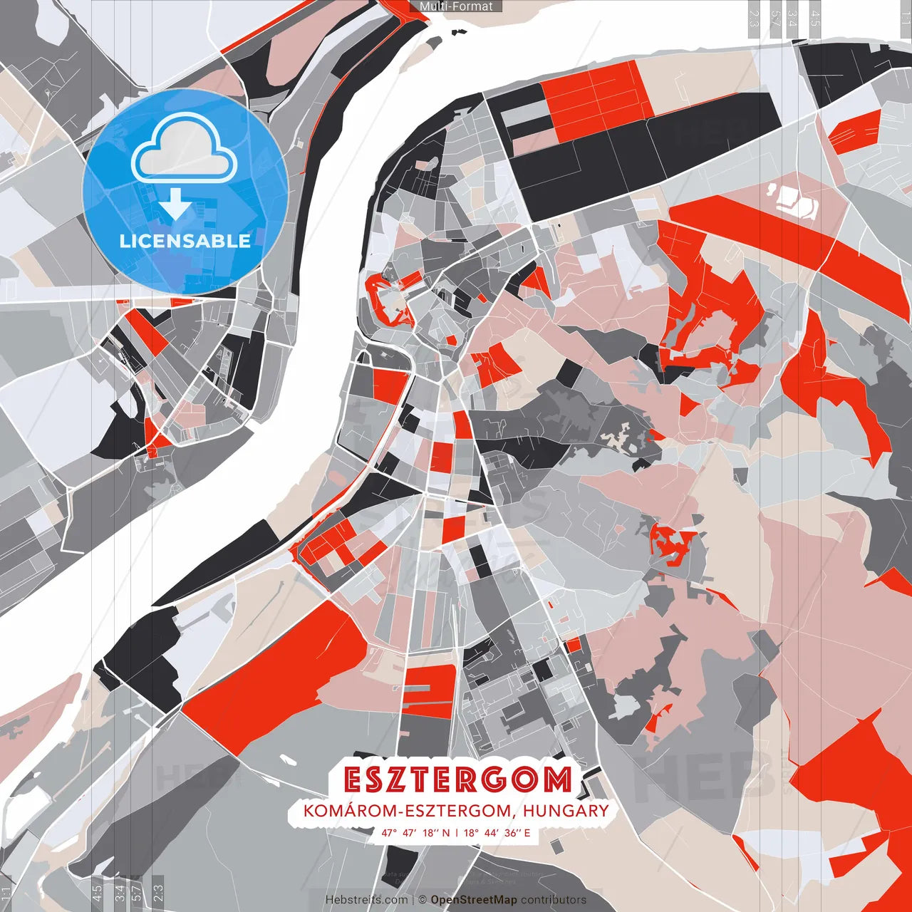Esztergom, Komárom-Esztergom, Hungary - modern street map poster template with gray and red tones
