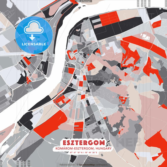 Esztergom, Komárom-Esztergom, Hungary - modern street map poster template with gray and red tones
