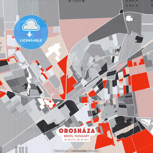 Orosháza, Békés, Hungary - modern street map poster template with gray and red tones