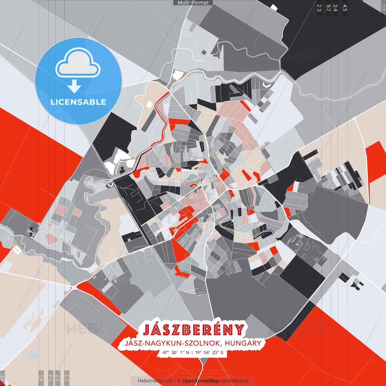 Jászberény, Jász-Nagykun-Szolnok, Hungary - modern street map poster template with gray and red tones