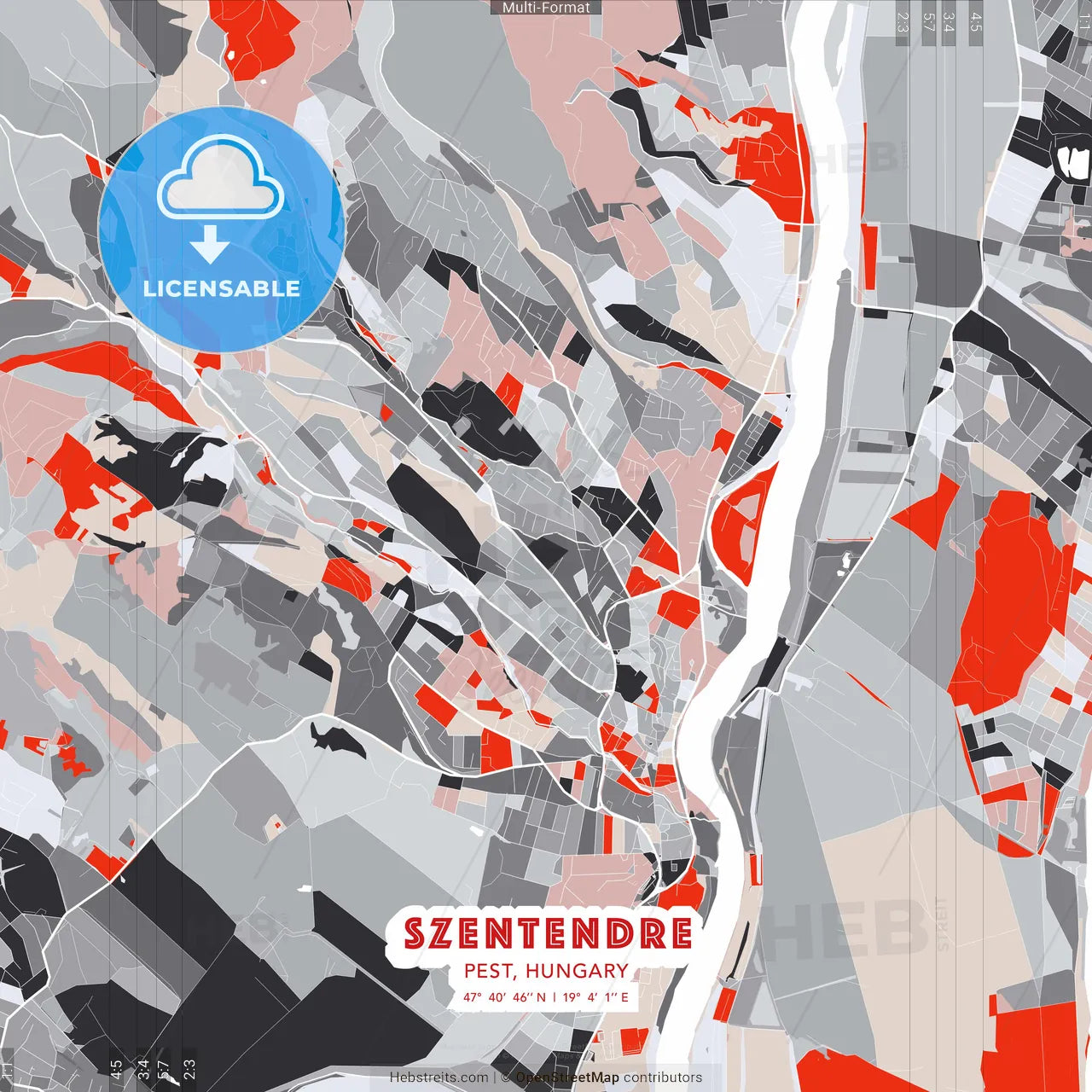 Szentendre, Pest, Hungary - modern street map poster template with gray and red tones