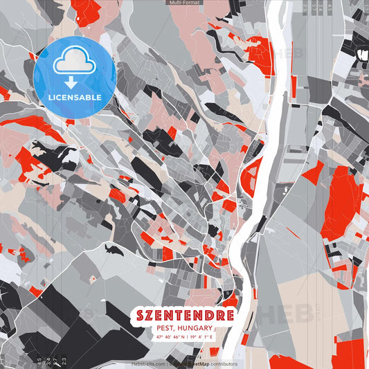 Szentendre, Pest, Hungary - modern street map poster template with gray and red tones