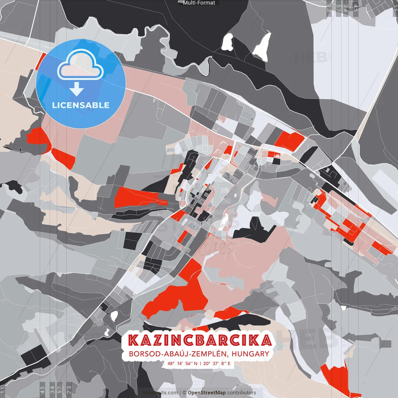 Kazincbarcika, Borsod-Abaúj-Zemplén, Hungary - modern street map poster template with gray and red tones