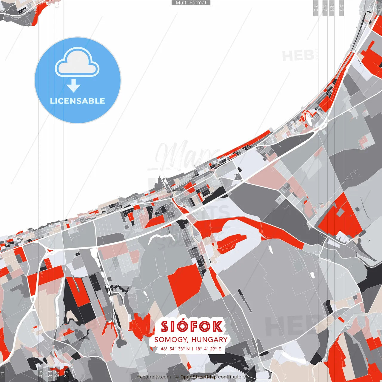 Siófok, Somogy, Hungary - modern street map poster template with gray and red tones