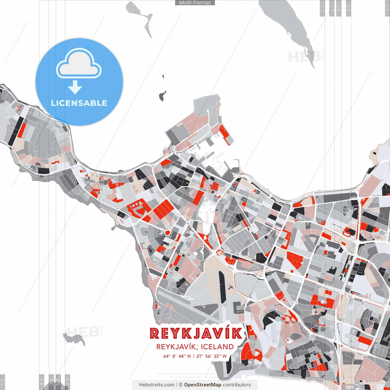 Reykjavík, Reykjavík, Iceland - modern street map poster template with gray and red tones