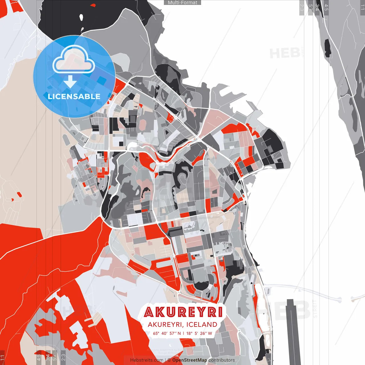 Akureyri, Akureyri, Iceland - modern street map poster template with gray and red tones