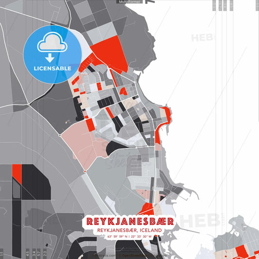 Reykjanesbær, Reykjanesbær, Iceland - modern street map poster template with gray and red tones