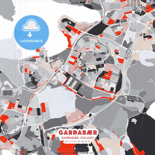 Garðabær, Garðabær, Iceland - modern street map poster template with gray and red tones