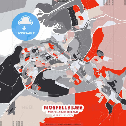 Mosfellsbær, Mosfellsbær, Iceland - modern street map poster template with gray and red tones