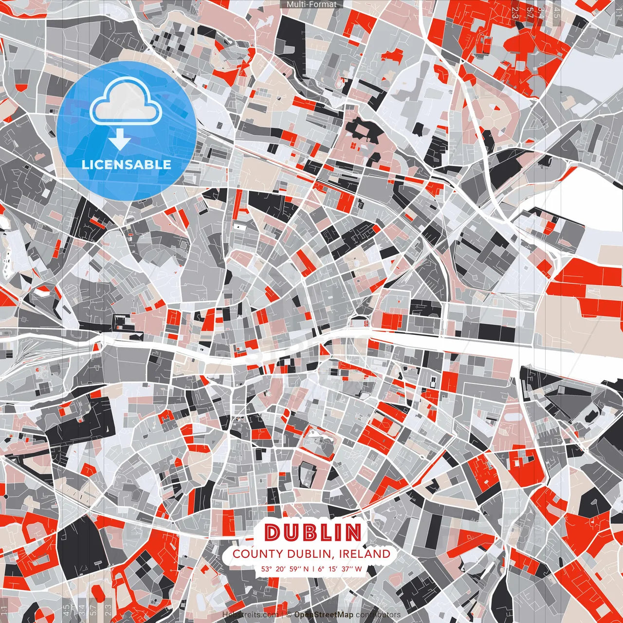 Dublin, County Dublin, Ireland - modern street map poster template with gray and red tones