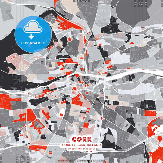 Cork, County Cork, Ireland - modern street map poster template with gray and red tones