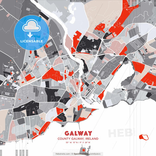 Galway, County Galway, Ireland - modern street map poster template with gray and red tones