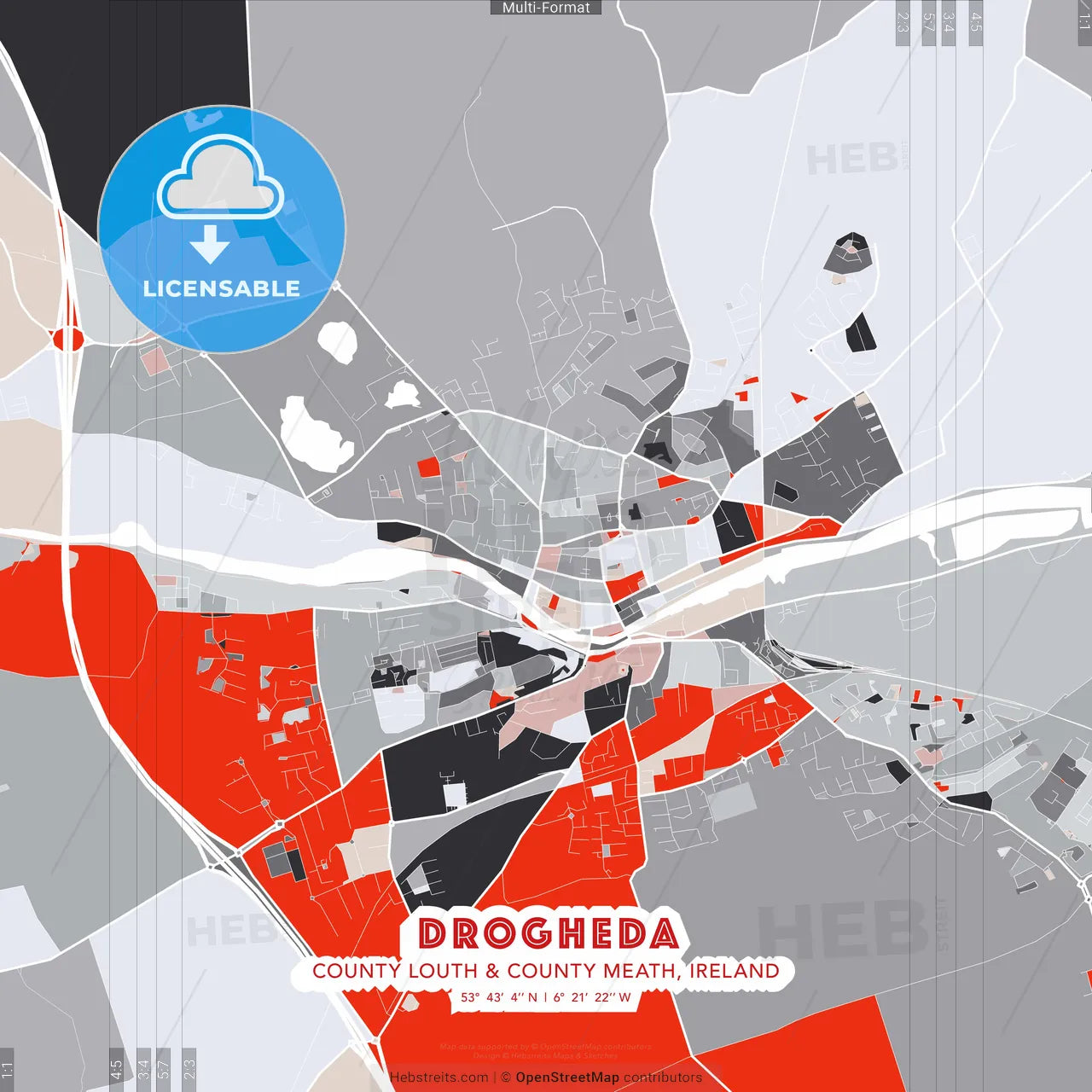 Drogheda, County Louth &amp; County Meath, Ireland - modern street map poster template with gray and red tones