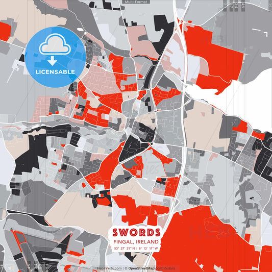 Swords, Fingal, Ireland - modern street map poster template with gray and red tones