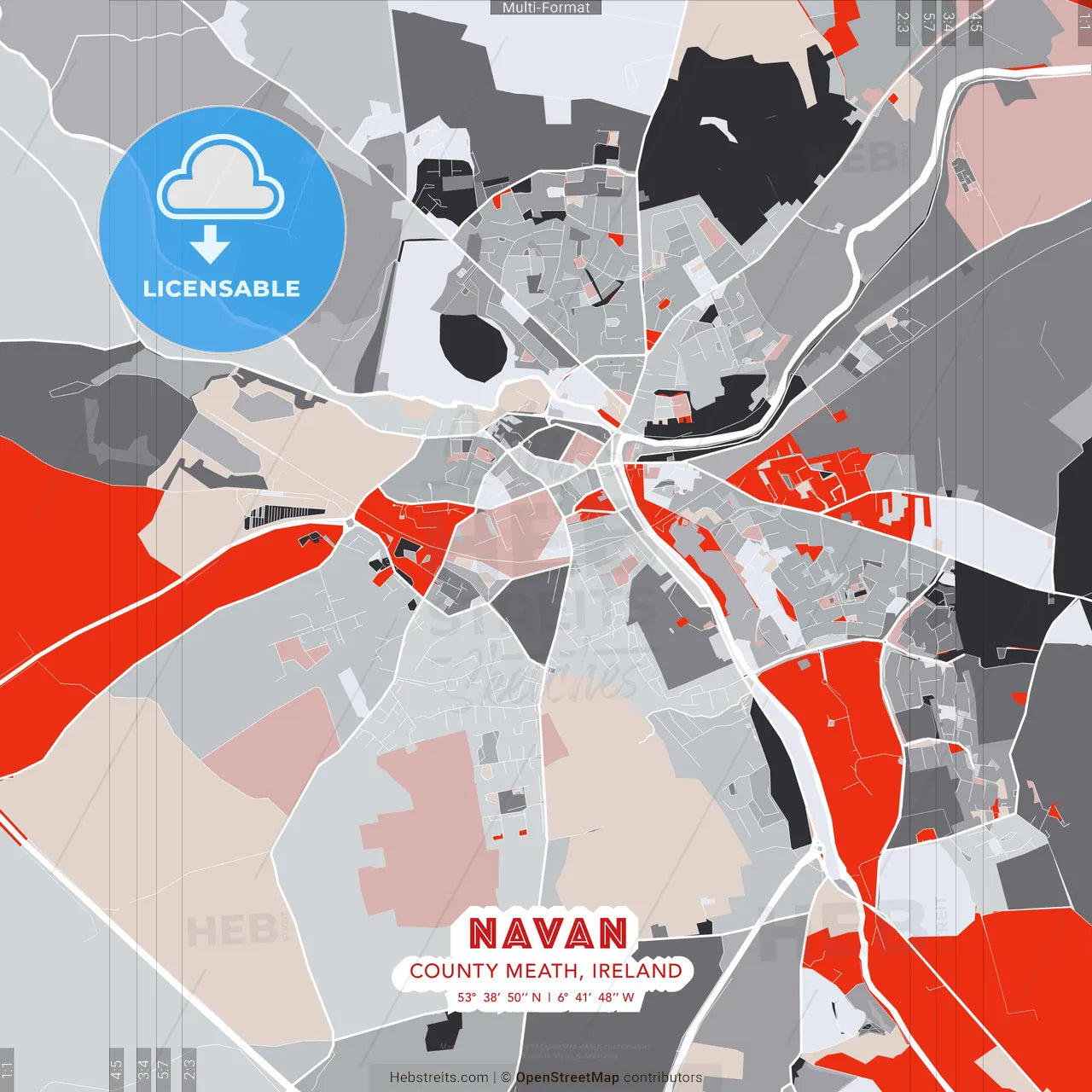 Navan, County Meath, Ireland - modern street map poster template with gray and red tones
