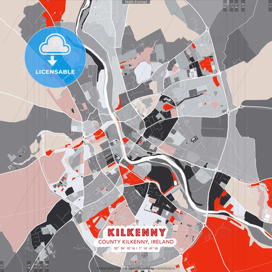 Kilkenny, County Kilkenny, Ireland - modern street map poster template with gray and red tones