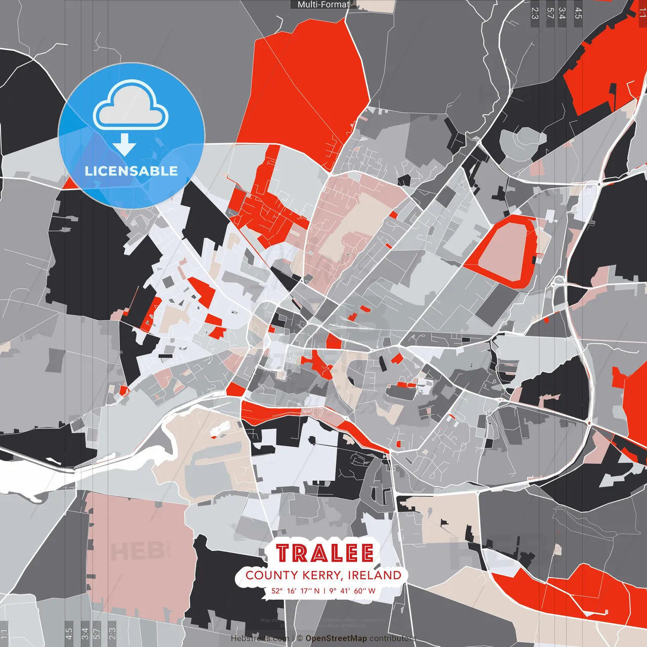 Tralee, County Kerry, Ireland - modern street map poster template with gray and red tones