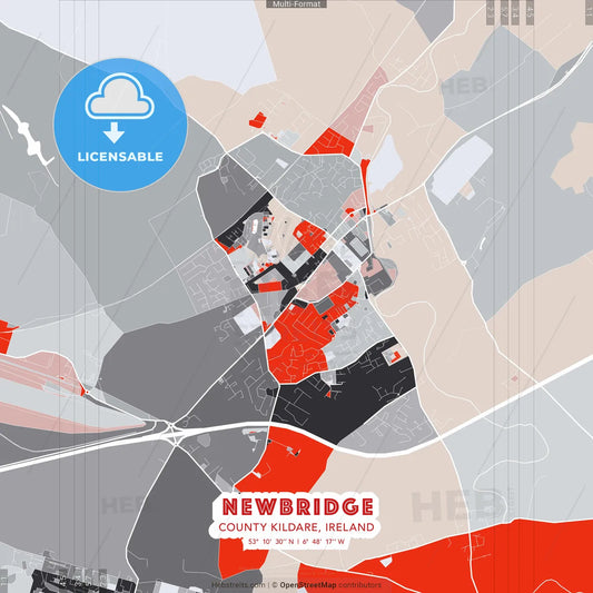 Newbridge, County Kildare, Ireland - modern street map poster template with gray and red tones