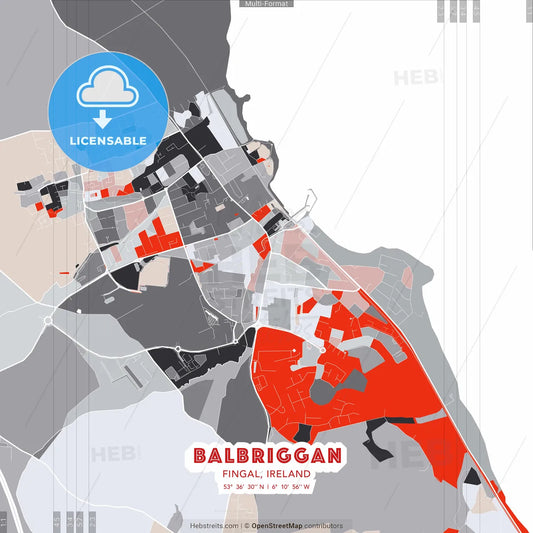 Balbriggan, Fingal, Ireland - modern street map poster template with gray and red tones