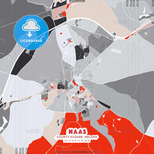 Naas, County Kildare, Ireland - modern street map poster template with gray and red tones