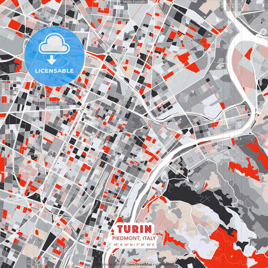 Turin, Piedmont, Italy - modern street map poster template with gray and red tones