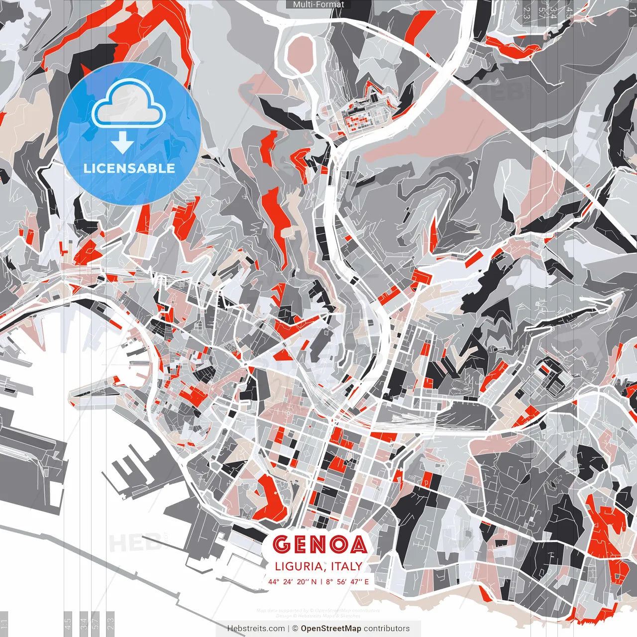 Genoa, Liguria, Italy - modern street map poster template with gray and red tones