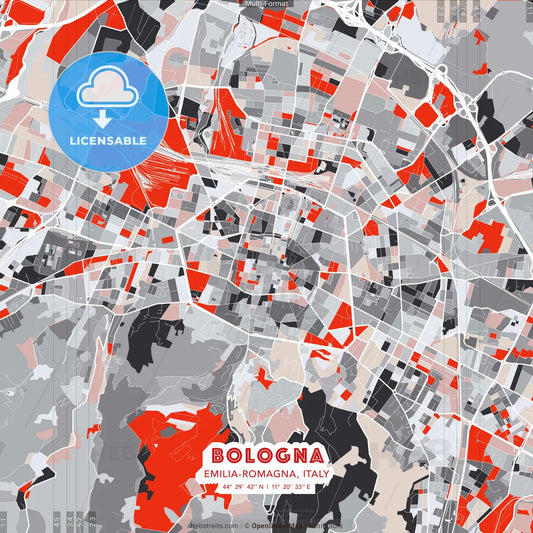 Bologna, Emilia-Romagna, Italy - modern street map poster template with gray and red tones